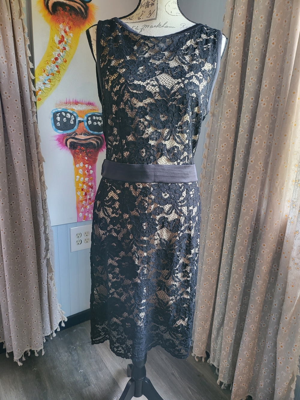 Allen B by Allen Schwartz Black Nude Lace Sheath Cocktail Dress Size L